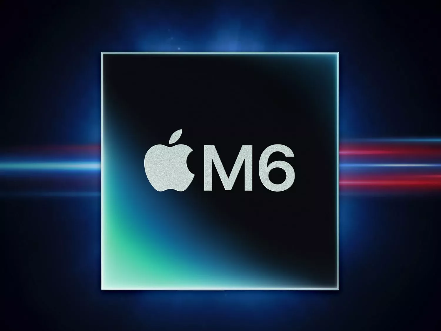 Chipset Apple M6 dengan efek cahaya futuristik yang menonjolkan peningkatan performa AI.