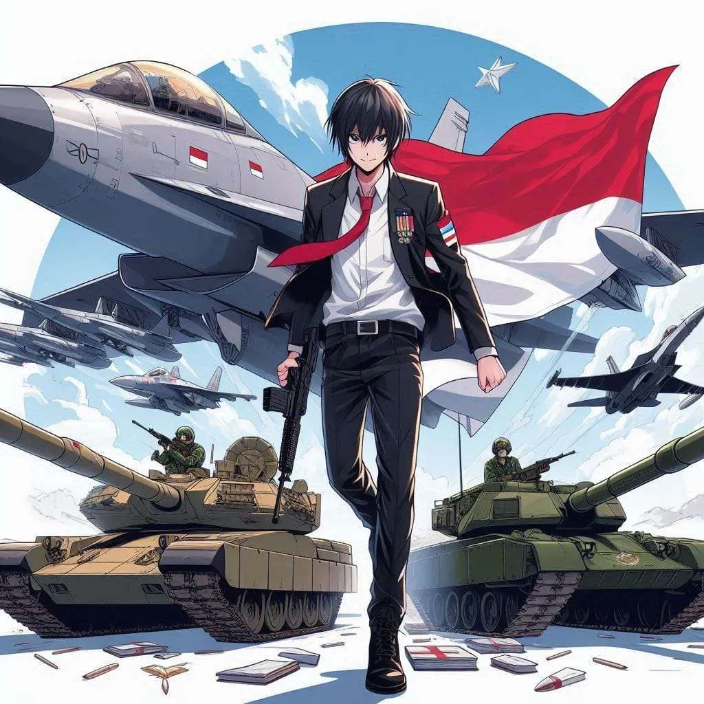 Konsep Poster HUT RI ke-81 bergenre anime dengan alutsista TNI seperti jet tempur dan tank.