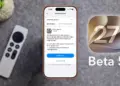 Layar iPhone menampilkan menu Software Update iOS 27 Beta 5 di samping Apple TV Remote