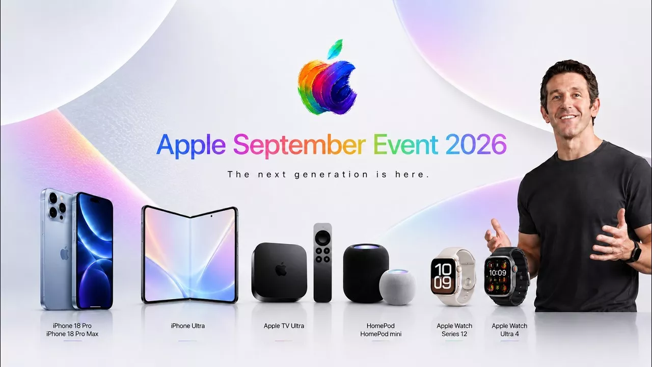 Banner pengumuman Apple September Event 2026 yang menampilkan jajaran produk baru seperti iPhone 18 Pro, iPhone Ultra lipat, Apple TV, HomePod, dan Apple Watch.