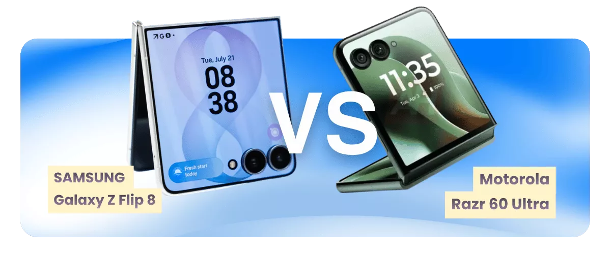 Komparasi HP lipat Samsung Galaxy Z Flip 8 dan Motorola Razr 60 Ultra posisi setengah terlipat.