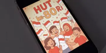 Desain poster HUT RI ke-80 bergaya ilustrasi kartun meriah yang ditampilkan pada layar ponsel pintar.