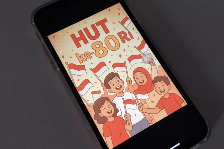 Desain poster HUT RI ke-80 bergaya ilustrasi kartun meriah yang ditampilkan pada layar ponsel pintar.