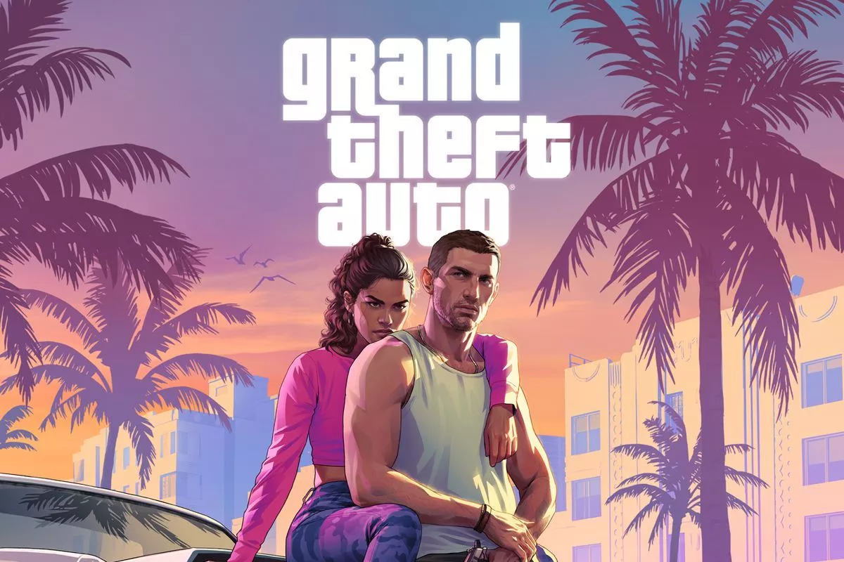 Ilustrasi karakter utama Lucia dan Jason bersandar di kap mobil berlatar logo Grand Theft Auto VI