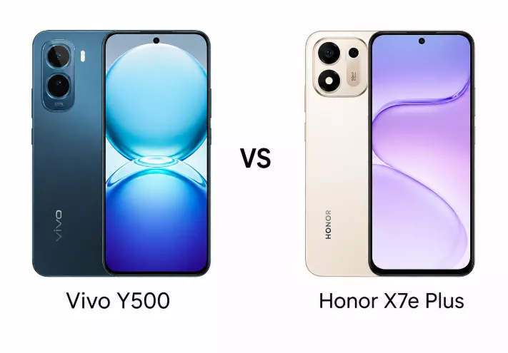 Perbandingan desain Vivo Y500 warna biru dan Honor X7e Plus warna krem tampak depan dan belakang.