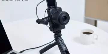 Kamera mirrorless Canon EOS R50 V terpasang pada tripod grip dengan layar terlipat ke atas untuk vlogging.