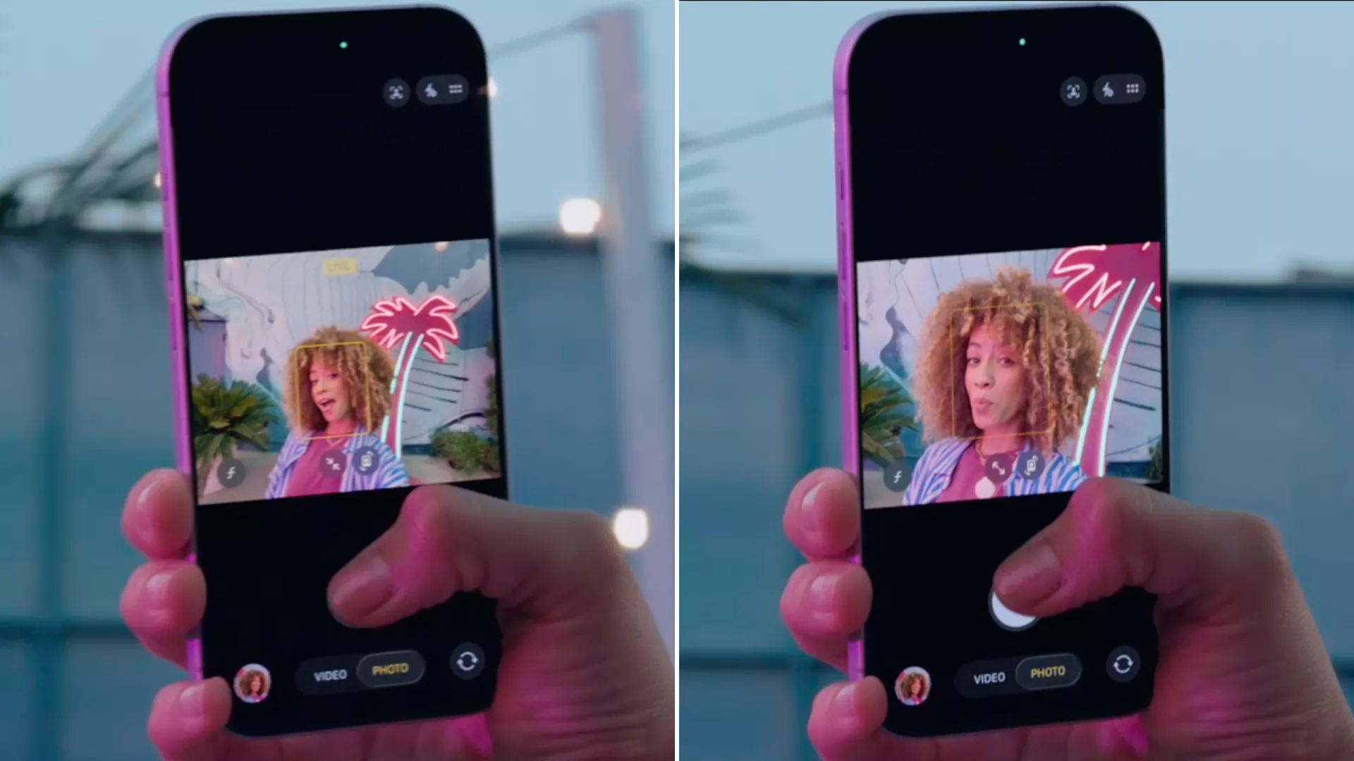 Seseorang memegang iPhone 17 yang sedang merekam video/foto selfie dengan fitur deteksi wajah dan autofocus aktif.