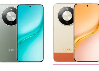 Dua varian warna HP Honor Turbo, hijau mint dan krem emas, menampilkan layar bezel tipis dan modul kamera melingkar.