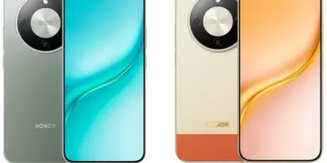 Dua varian warna HP Honor Turbo, hijau mint dan krem emas, menampilkan layar bezel tipis dan modul kamera melingkar.