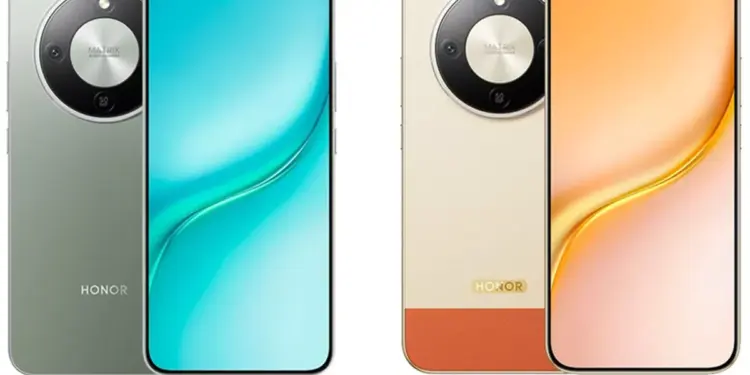 Dua varian warna HP Honor Turbo, hijau mint dan krem emas, menampilkan layar bezel tipis dan modul kamera melingkar.