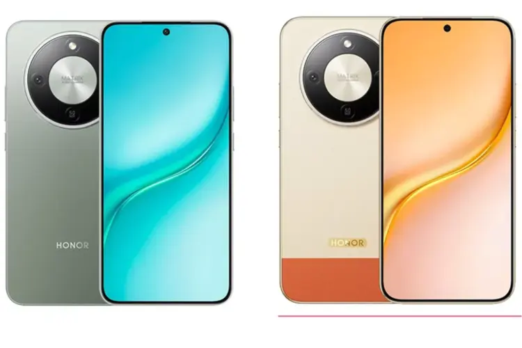 Dua varian warna HP Honor Turbo, hijau mint dan krem emas, menampilkan layar bezel tipis dan modul kamera melingkar.