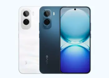 Tampilan bodi depan dan belakang Vivo V70 Lite 4G varian warna putih dan biru.
