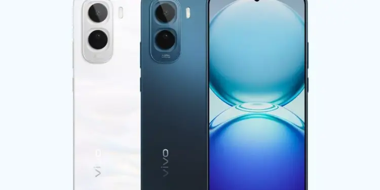 Tampilan bodi depan dan belakang Vivo V70 Lite 4G varian warna putih dan biru.