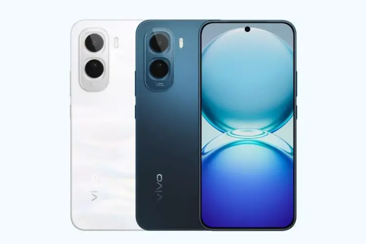 Tampilan bodi depan dan belakang Vivo V70 Lite 4G varian warna putih dan biru.
