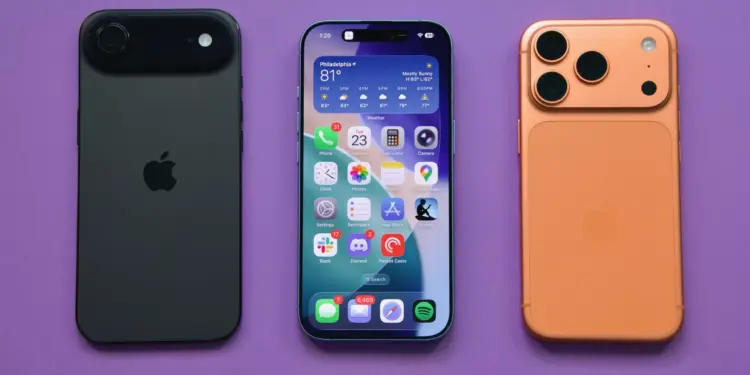 Tiga unit perangkat iPhone dengan varian warna hitam, layar depan aktif, dan warna orange tembaga di atas latar belakang ungu.
