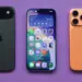 Tiga unit perangkat iPhone dengan varian warna hitam, layar depan aktif, dan warna orange tembaga di atas latar belakang ungu.