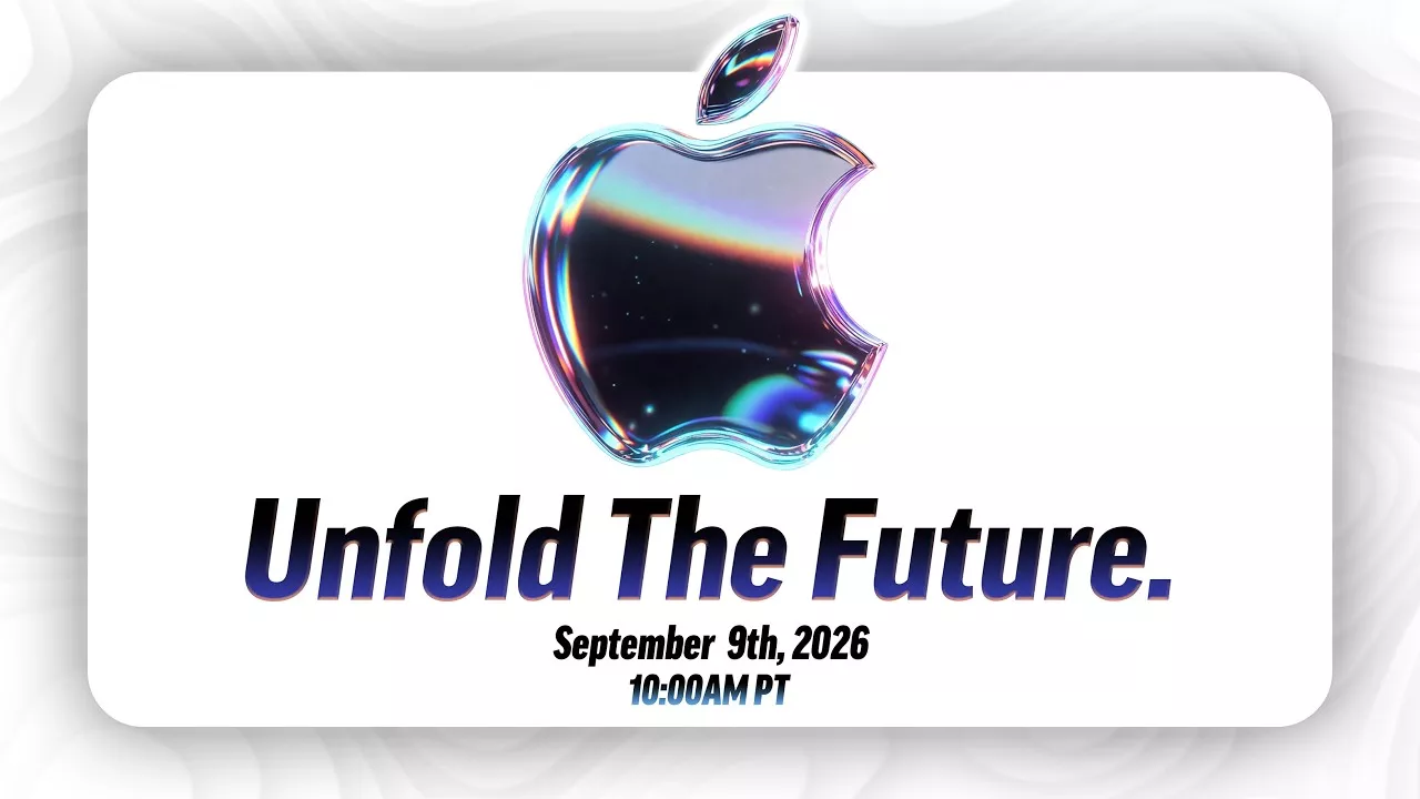 Undangan resmi Apple bertuliskan Unfold The Future untuk tanggal 9 September 2026 jam 10 AM PT dengan logo Apple transparan berkilau.