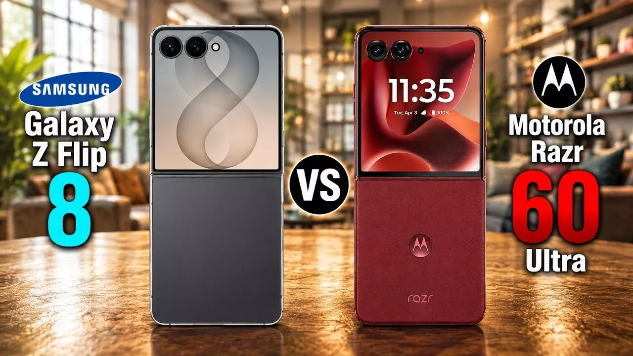 Tampilan belakang Samsung Galaxy Z Flip 8 warna abu-abu disandingkan dengan Motorola Razr 60 Ultra merah di atas meja kayu.