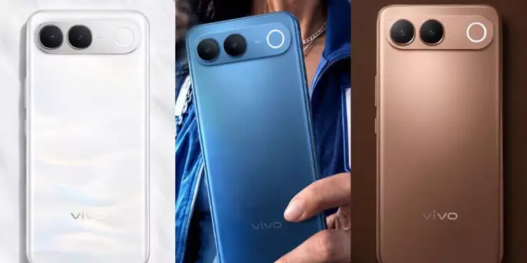 Tiga pilihan warna Vivo S2 yaitu putih, biru, dan bronze dalam berbagai posisi.