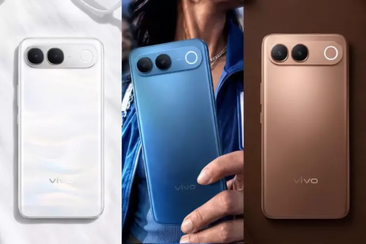 Tiga pilihan warna Vivo S2 yaitu putih, biru, dan bronze dalam berbagai posisi.