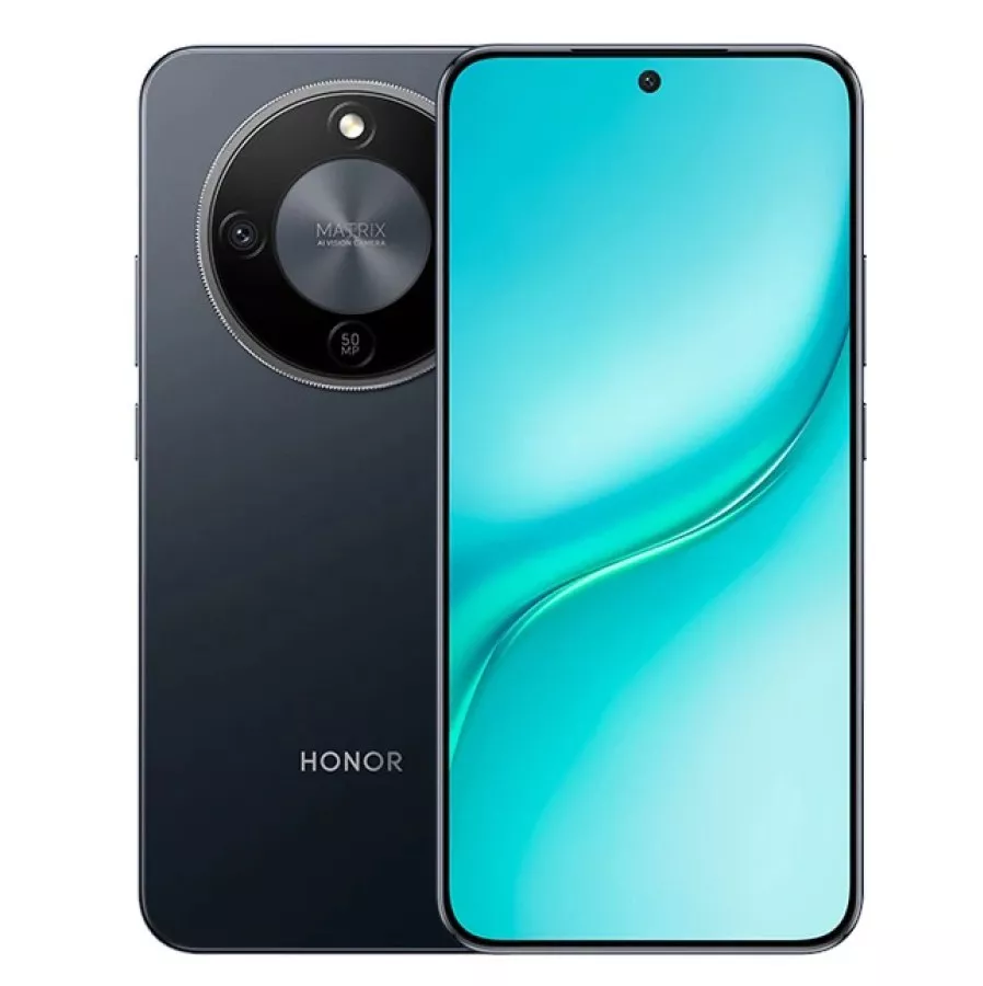 HP Honor Turbo warna hitam abu-abu gelap dari tampak depan dan belakang dengan modul kamera 50MP.