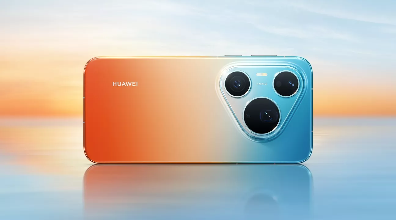 Tampak belakang Huawei Pura 90s Pro Max warna gradasi oranye dan biru dengan modul kamera XMAGE.