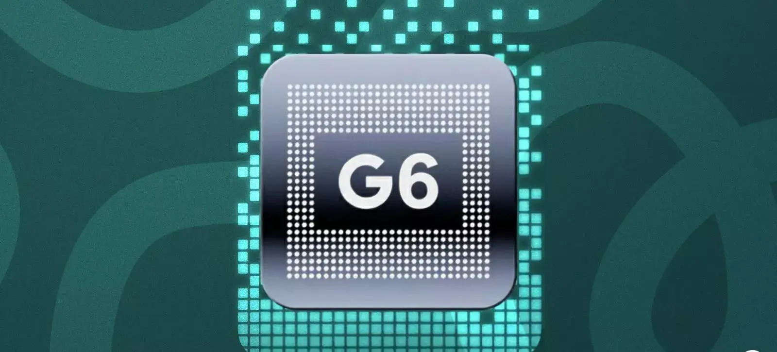 Chip Google Tensor G6 dengan efek piksel digital hijau berlatar belakang abstrak.