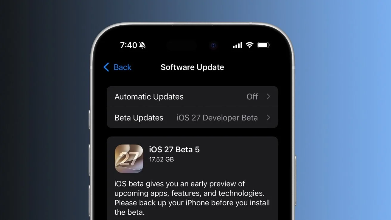 Halaman Software Update iOS 27 Beta 5 dalam antarmuka Dark Mode di perangkat iPhone.