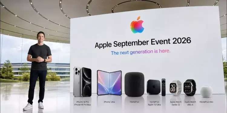 Suasana presentasi panggung utama tempat rilisnya perangkat-perangkat anyar Apple di bulan September 2026.