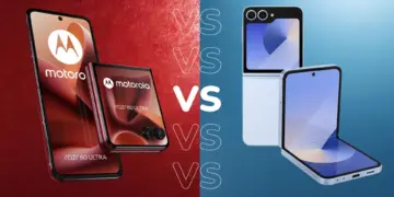 Ilustrasi perbandingan visual Motorola Razr 60 Ultra bernuansa merah dan Samsung Galaxy Z Flip 8 bernuansa biru.