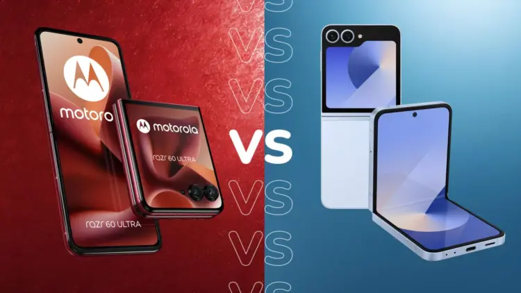 Ilustrasi perbandingan visual Motorola Razr 60 Ultra bernuansa merah dan Samsung Galaxy Z Flip 8 bernuansa biru.