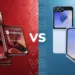 Ilustrasi perbandingan visual Motorola Razr 60 Ultra bernuansa merah dan Samsung Galaxy Z Flip 8 bernuansa biru.