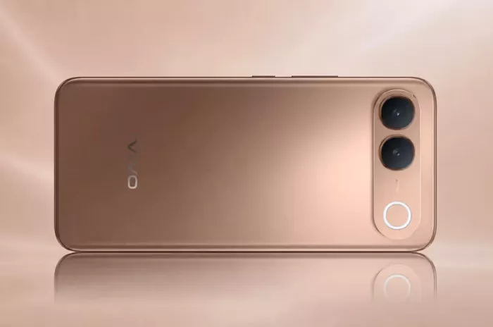Detail bagian belakang Vivo S2 warna bronze dengan modul dua kamera dan lampu kilat ring light.