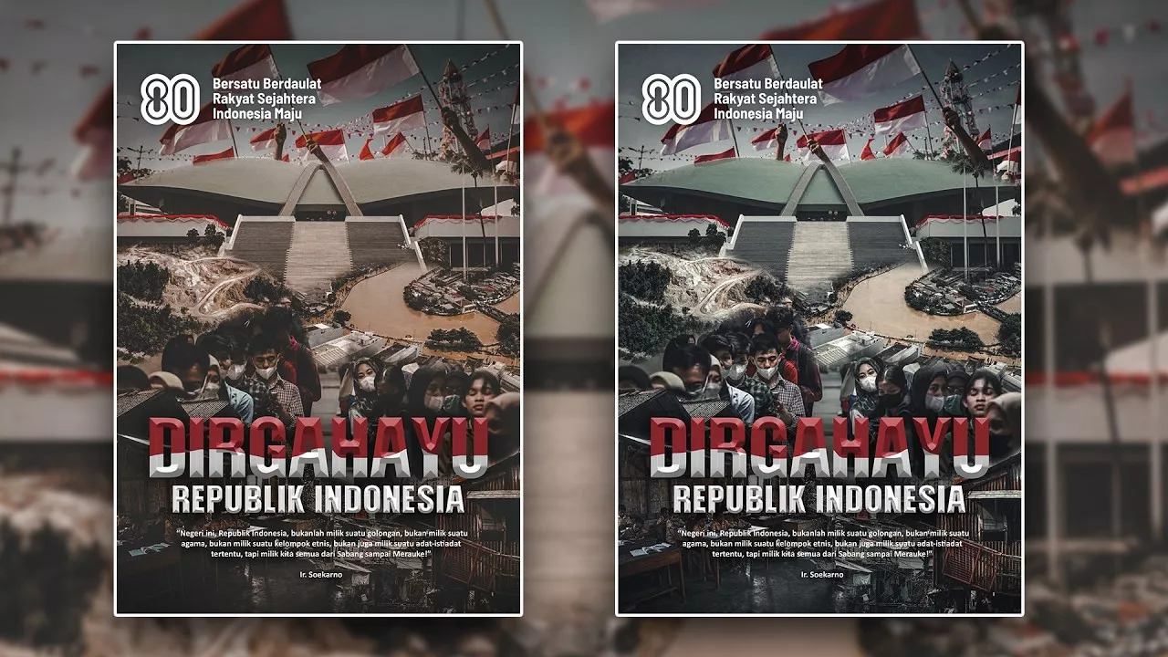 Dua variasi desain poster HUT RI ke-80 bernuansa sinematik dengan tipografi Dirgahayu Republik Indonesia.