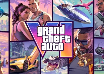 Kolase poster resmi GTA VI menampilkan logo utama, karakter, supercar, dan buaya khas Florida