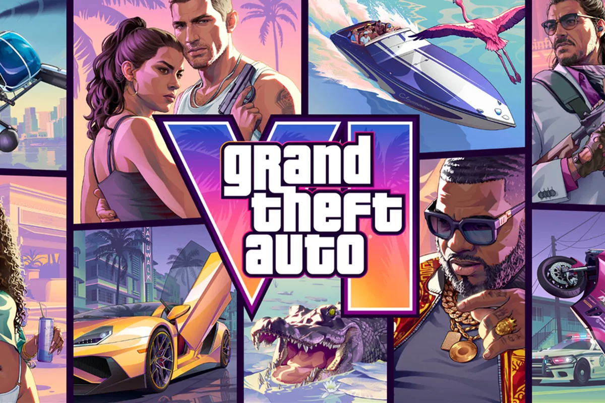Kolase poster resmi GTA VI menampilkan logo utama, karakter, supercar, dan buaya khas Florida