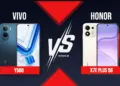 Poster duel Vivo Y500 versus Honor X7e Plus 5G di kelas harga 4 jutaan.