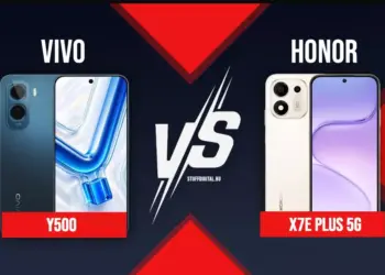Poster duel Vivo Y500 versus Honor X7e Plus 5G di kelas harga 4 jutaan.