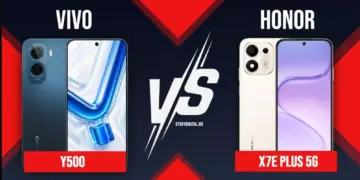 Poster duel Vivo Y500 versus Honor X7e Plus 5G di kelas harga 4 jutaan.