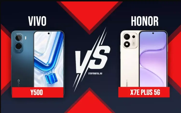 Poster duel Vivo Y500 versus Honor X7e Plus 5G di kelas harga 4 jutaan.