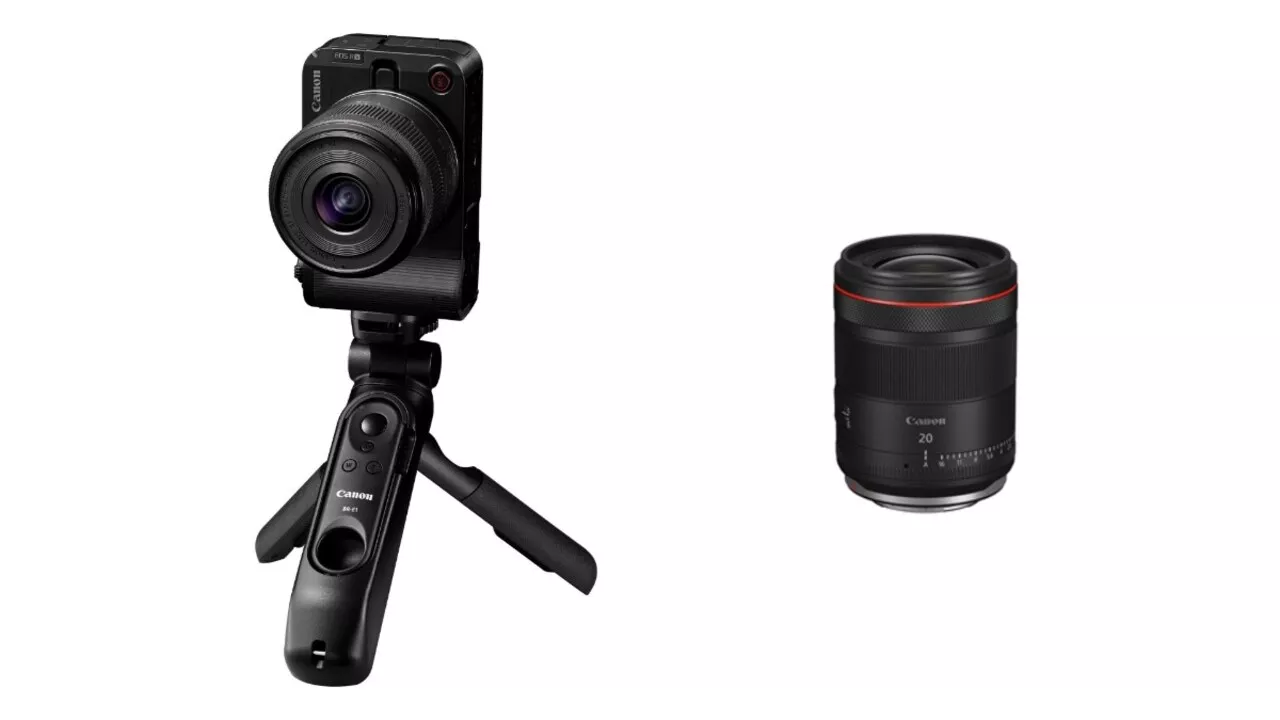 Kamera Canon EOS R50 V terpasang pada tripod berdiri di samping lensa Canon 20mm.