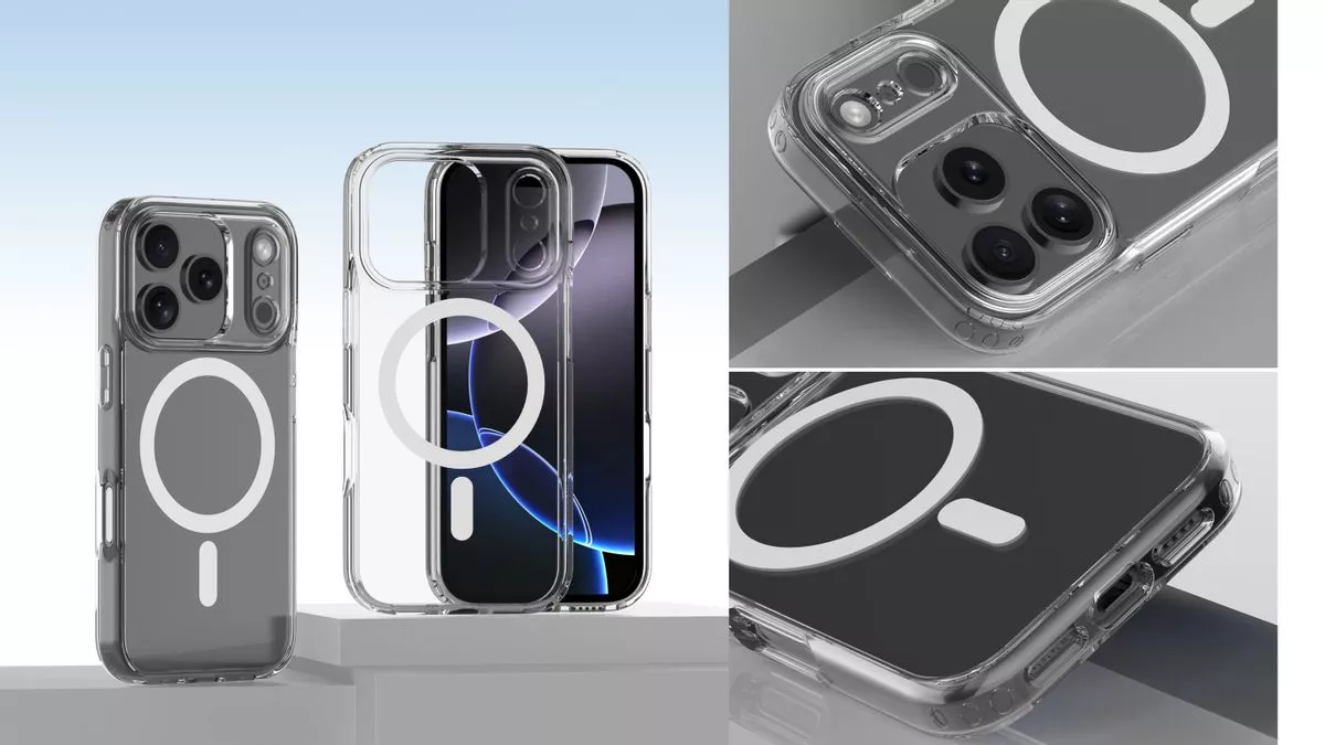 Aksesori casing transparan MagSafe untuk iPhone 17 dari berbagai sudut pandang.