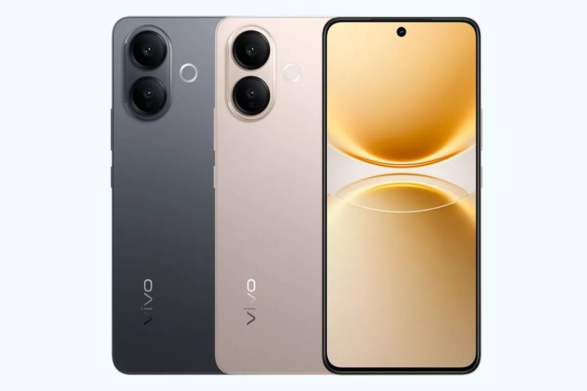 Vivo V70 Lite 4G varian warna hitam, krem, dan tampilan layar utama berwallpaper kuning keemasan.
