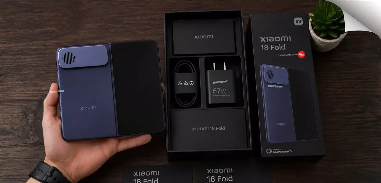 Paket penjualan unboxing Xiaomi 18 Fold beserta dus, adaptor charger 67W, kabel data, dan buku panduan.