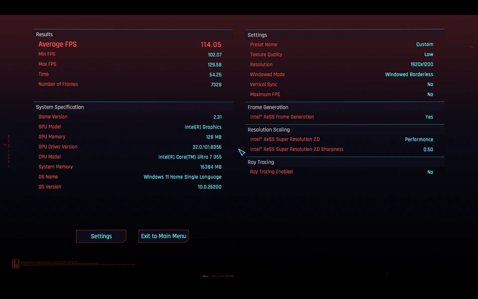 Hasil benchmark game Cyberpunk 2077 di ASUS Vivobook 14 Flip menunjukkan 114 FPS dengan Intel XeSS.