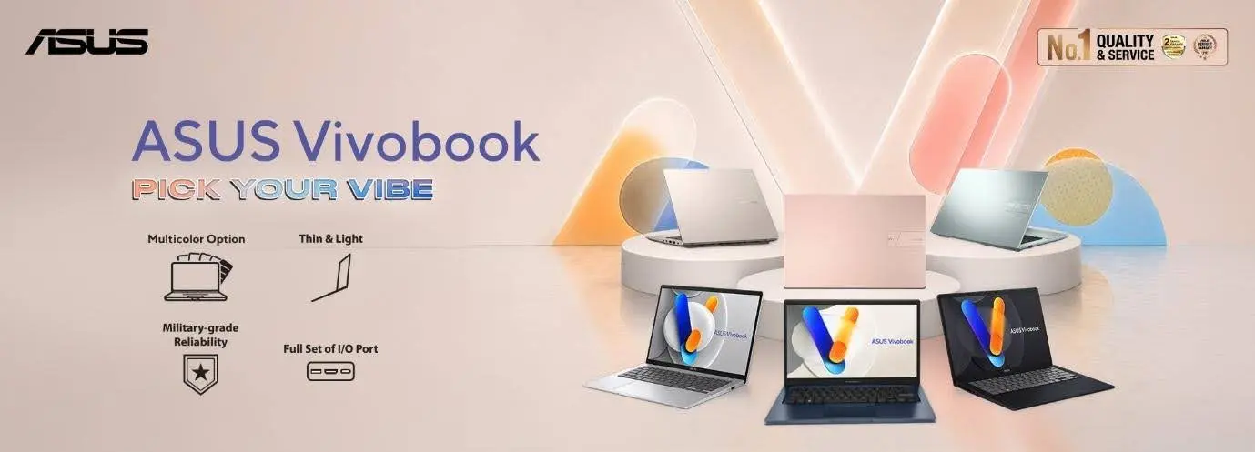 Banner campaign Pick Your Vibe menampilkan deretan laptop ASUS Vivobook Terbaru dalam berbagai varian warna.