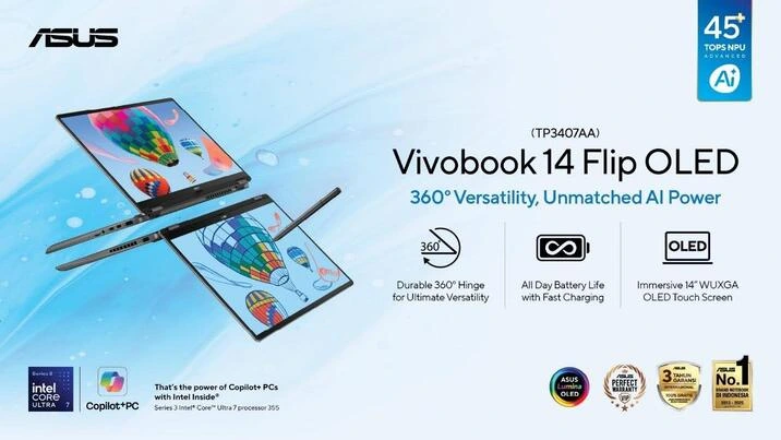 Banner resmi ASUS Vivobook 14 Flip TP3407AA OLED dengan fitur layar lipat 360 derajat dan Intel Core Ultra.