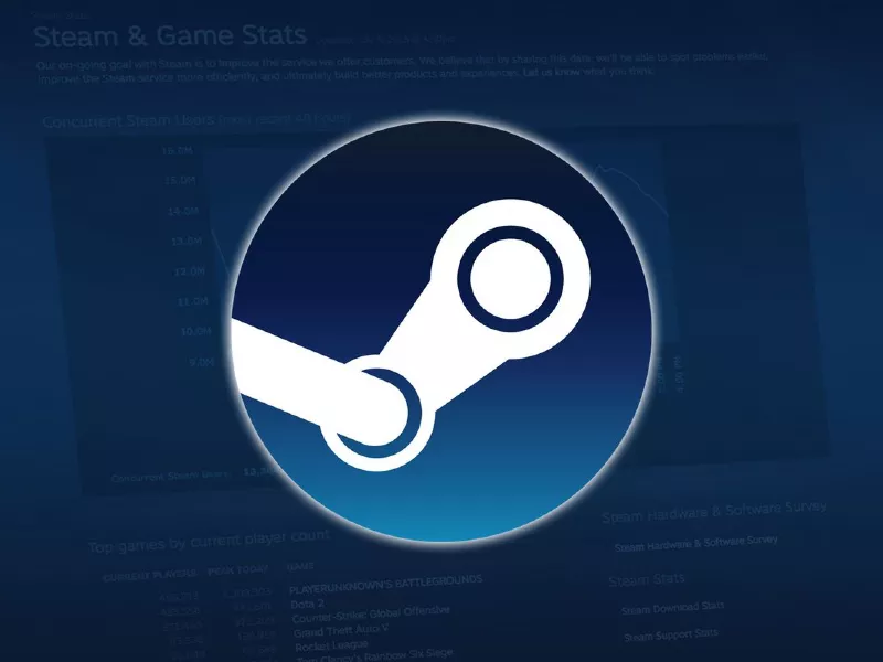 Halaman statistik Steam yang menunjukkan jumlah pengguna dan game populer dengan logo Steam besar di tengah.