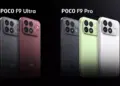 Perbandingan tampilan belakang smartphone POCO F9 Ultra (kiri) dan POCO F9 Pro (kanan) dalam berbagai varian warna.