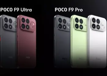 Perbandingan tampilan belakang smartphone POCO F9 Ultra (kiri) dan POCO F9 Pro (kanan) dalam berbagai varian warna.